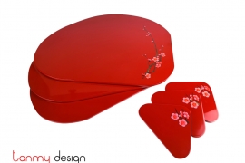 Red rectangular lacquer box included with 6 placemats and 6 peach blossom coasters
